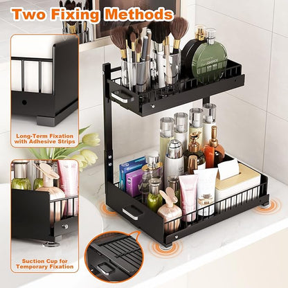Under Sink Organizer,2 Tier Slide Out Kitchen Cabinet Organizers with Pulley,Under Bathroom Sink Pull Out Organizer with Mult