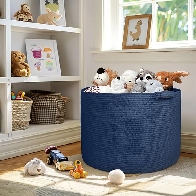 MEGASKET 115L Dark Blue Basket for Organizing, 23.6" x 15.7" XXXL Woven Cotton Rope Laundry Basket, Oversized Blanket Storage