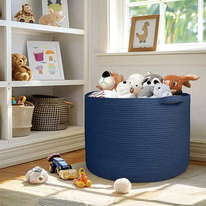 MEGASKET 115L Dark Blue Basket for Organizing, 23.6" x 15.7" XXXL Woven Cotton Rope Laundry Basket, Oversized Blanket Storage
