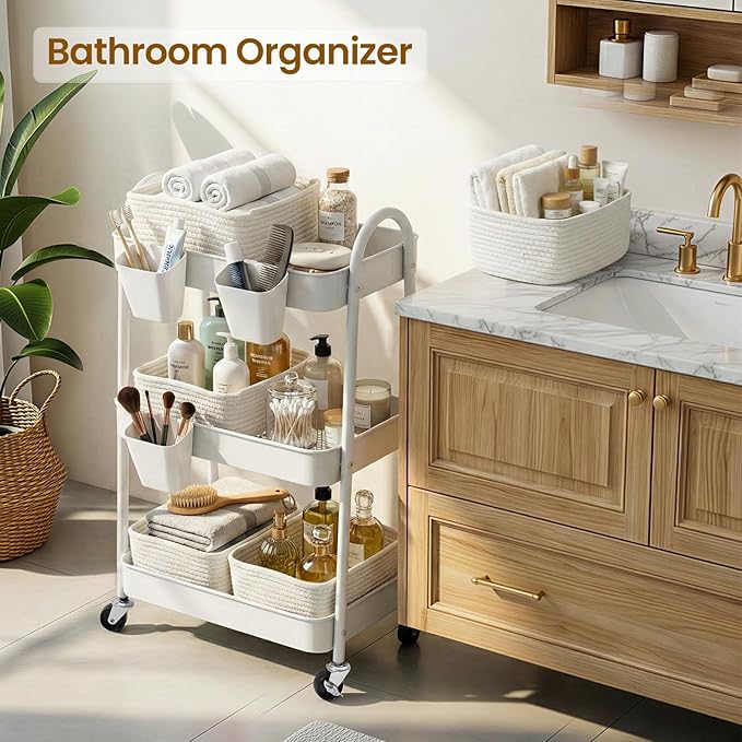 3-Tier Rolling Utility Cart with 4 Woven Baskets, Diaper Book Snack Cart, Storage Organizer for Nursery, Kitchen, Craft Room,