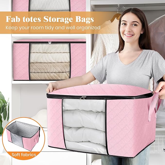 Fab totes 6 Pack Clothes Storage, Foldable Thick Fabric Blanket Storage Bags, Containers for Organizing Bedroom, Closet, Clot