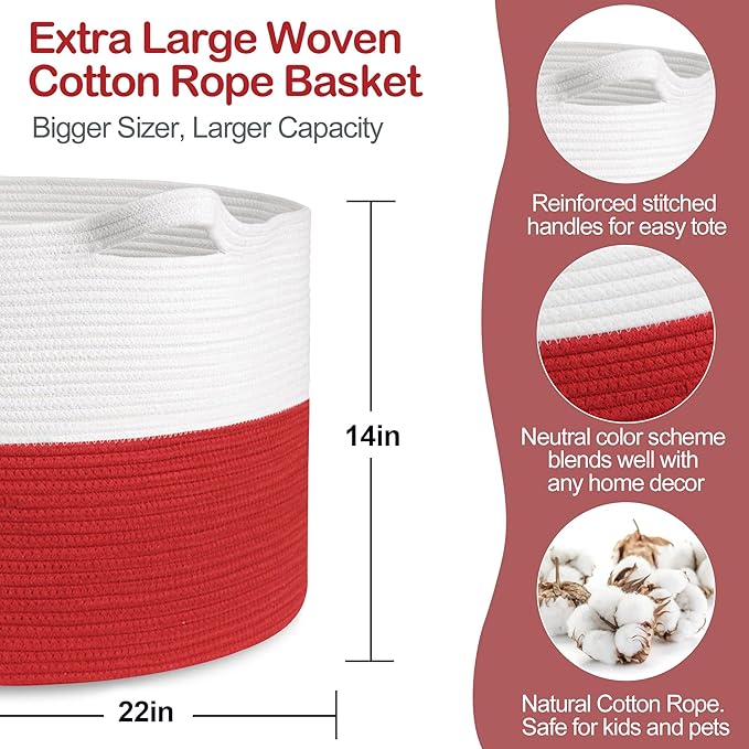 MEGASKET Large Red Baskets for Storage, 22x14 Wicker Woven Storage Basket, Blanket Organizer, Kids Toy Bin Box, Bathroom Beac