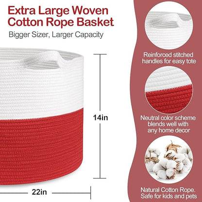 MEGASKET Large Red Baskets for Storage, 22x14 Wicker Woven Storage Basket, Blanket Organizer, Kids Toy Bin Box, Bathroom Beac
