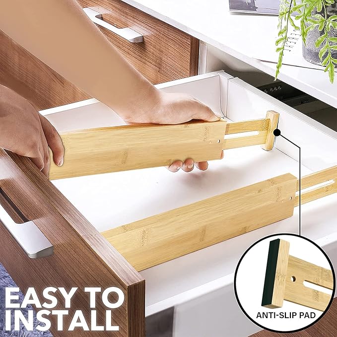 Adjustable Bamboo Drawer Dividers for Clothes, Kitchen Utensils, Office Desks, Bathroom Accessories, Socks and Underwear, and