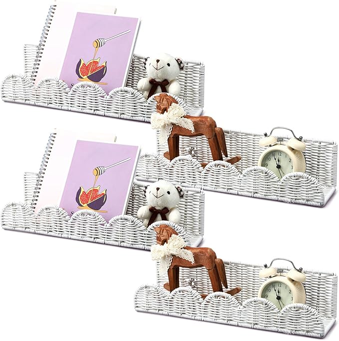 Pinkunn 4 Pcs Nursery Book Shelves 15.8 Inch Rattan Scalloped Floating Bookshelves Wicker Boho Book Shelf for Wall Mounted De