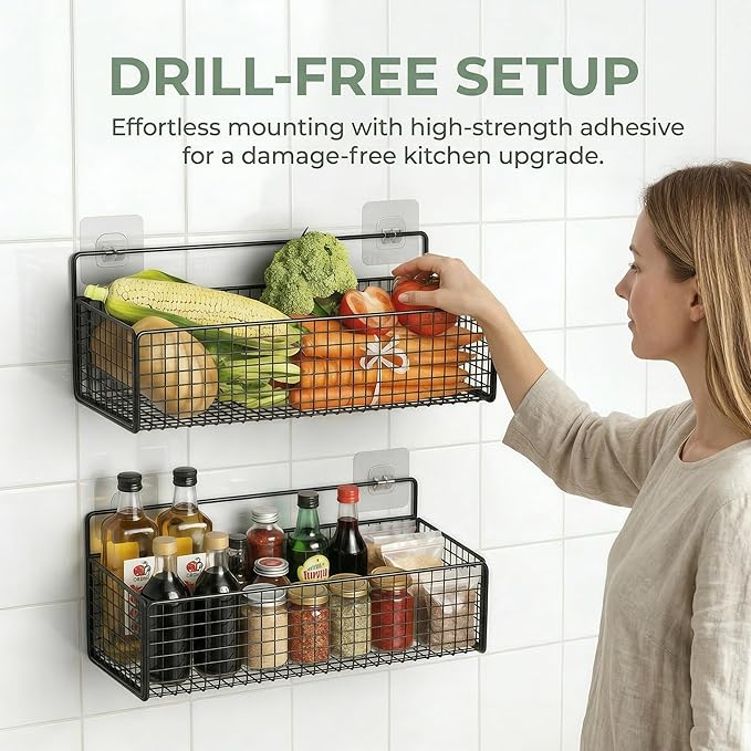 2 Set Hanging Wire Fruit Basket with Adhesive Hooks, Hanging fruit baskets, No Drilling Adhesive Basket, for Home Kitchen Pan