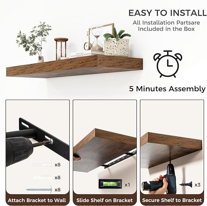 Floating Shelves for Wall, 40" W x 12" D x 2" H, 1 Pack of Long Wall Mounted Engineered Wood Shelves with Invisible Brackets 
