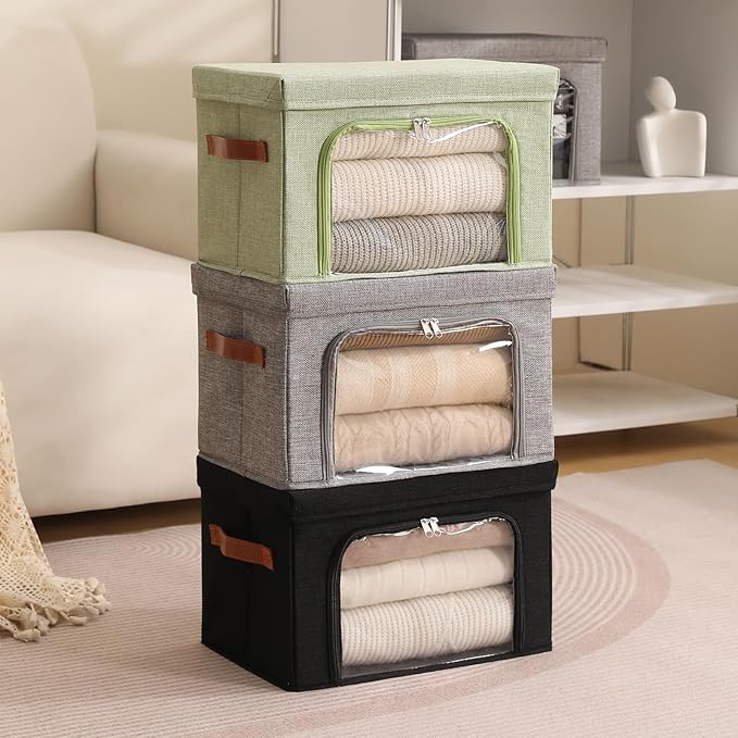 2PCS Large Storage Bins Boxes with Lids Clear Window Zipper Closure Decorative Cotton Linen Fabric Baskets with PU Leather Ha