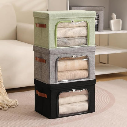 2PCS Large Storage Bins Boxes with Lids Clear Window Zipper Closure Decorative Cotton Linen Fabric Baskets with PU Leather Ha