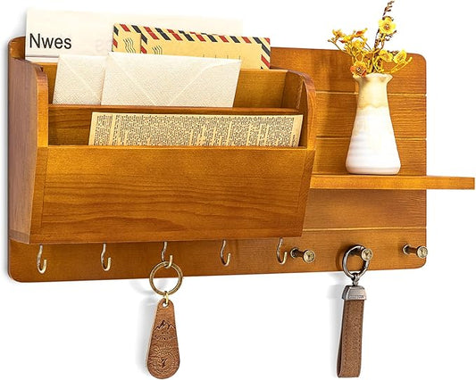 Rebee Vision Pine Wood Farmhouse Key Holder Wall Mount - Key Holder for Wall with Mail Slot Can Store Letters and 8 Hooks for