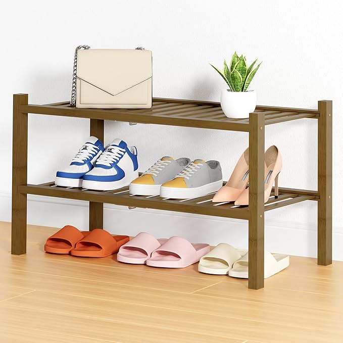 Smiry Shoe Rack, 2 Tier Thick Bamboo Shoe Organizer, Stackable Free Standing Wooden Shoe Storage Shelf for Closet, Entryway, 