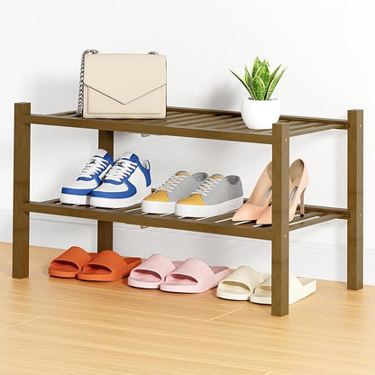 Smiry Shoe Rack, 2 Tier Thick Bamboo Shoe Organizer, Stackable Free Standing Wooden Shoe Storage Shelf for Closet, Entryway, 