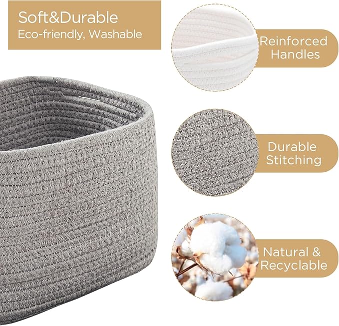 R RUNKA Small Cotton Rope Basket – Storage Bin for Organizing (10.6" x 6.7" x 6.7"), Bathroom Storage Basket for Shelf, Count