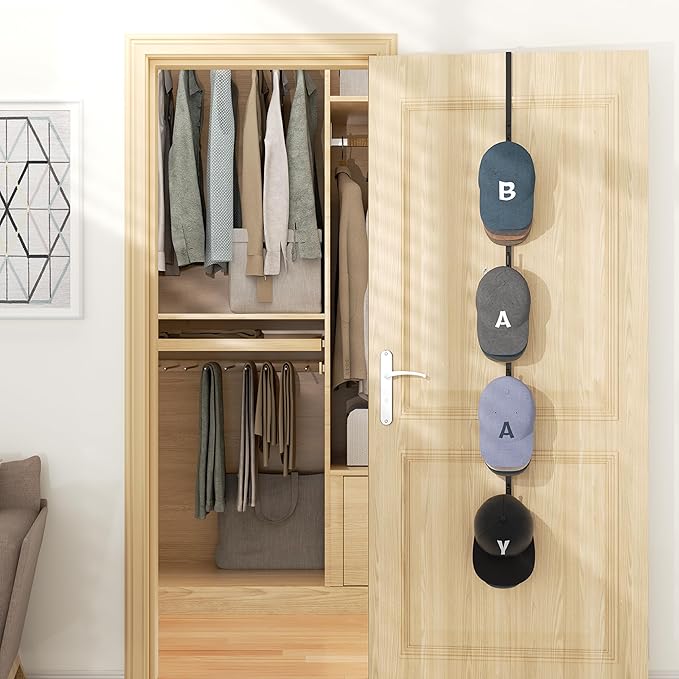 HapiRm Over Door Hat Rack - Hat Organizer with 4 Hooks Design, Hanging Baseball Cap Organizer Storage Holds Up to 20 Caps for