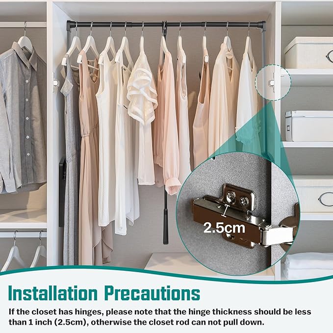 Pull Down Closet Rod, Adjustable 26-35 Inch Wardrobe Lift Rail Organizer Two-way Buffering Heavy Duty Wardrobe Hanger for Cab