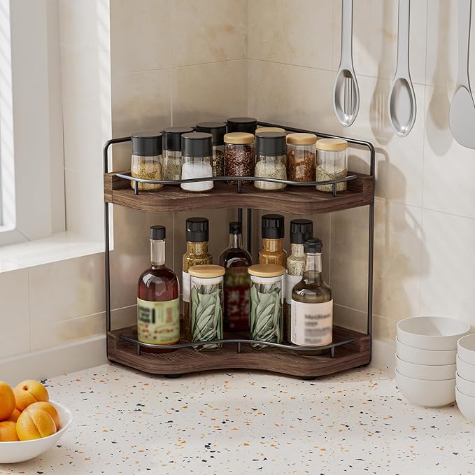 2-Tier Corner Bathroom Counter Organizer with Embedded Screw Holes, Secure & Stable Wood Vanity Shelf for Makeup and Skincare