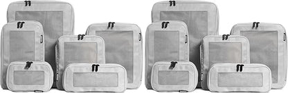 Aerotrunk Compression Packing Cubes for Travel - Luggage Organizer Bags - Double Zipper Packing Cubes for Suitcases (12-Pack, Light Grey)