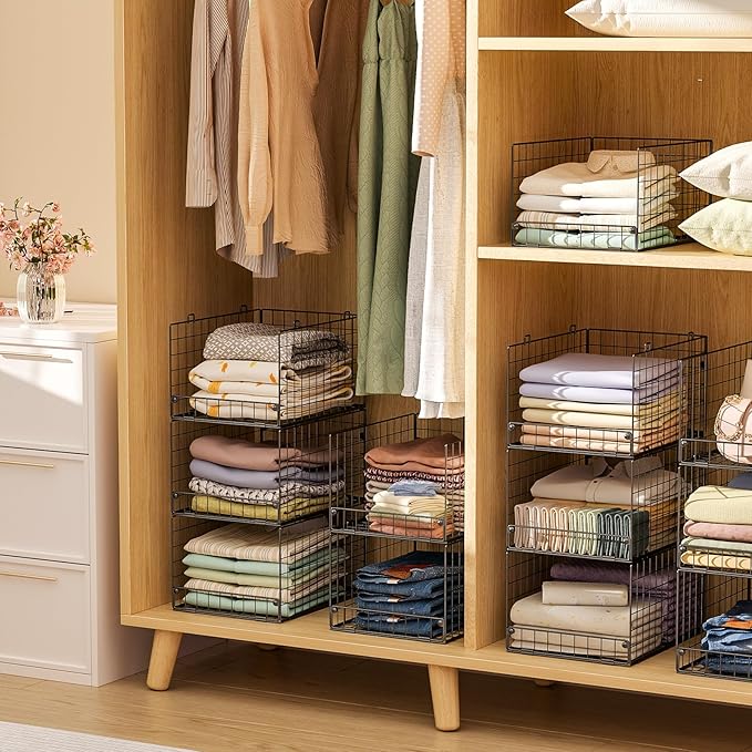 4-Tier Stackable Closet Organizers and Storage Shelves, Foldable Closet Shelf Organizer System, Stackable Storage Bins Drawer