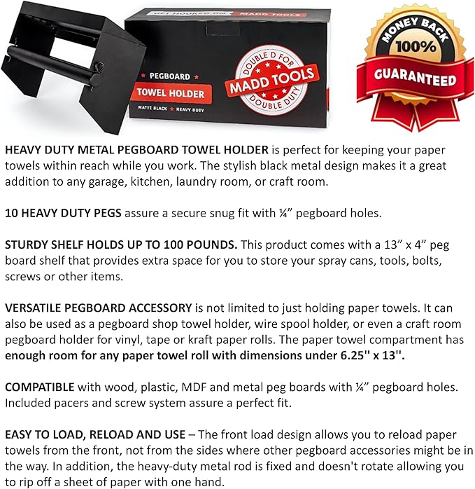 Pegboard Paper Towel Holder with Shelf, Peg Board Accessory Kit with Heavy Duty Peg Hooks, Black Pegboard Accessories Tool Ho