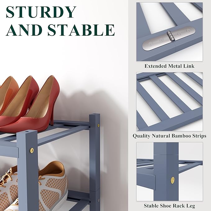 Smiry Bamboo Shoe Rack for Closet, 2 Tier Long Wooden Stackable Shoe Organizer, Free Standing Shoes Storage Shelf for Entrywa