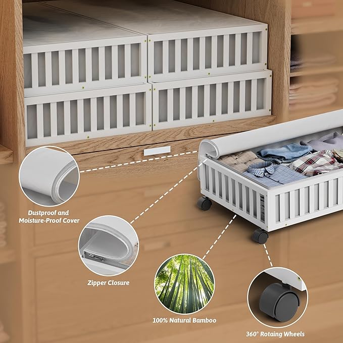 Bamboo Under Bed Storage Containers with Wheels, 2 Pack Large Under the Bed Shoe Storage Bins, Wood Rolling Underbed Drawers 