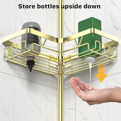Shower Caddy Tension Pole with 2 Soap Holders, Adjustable Corner Shower Caddy, Gold Finish, Expandable 25-114.2 Inches for Ba