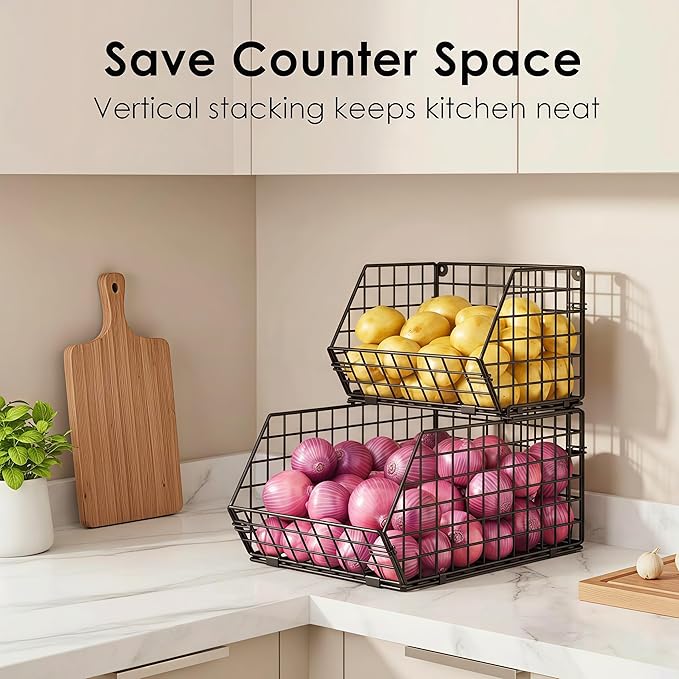 2-Tier Stackable Wire Baskets for Counter, Potato and Onion Storage Bin, Fruit and Vegetable Storage Bins with Ventilated Mes