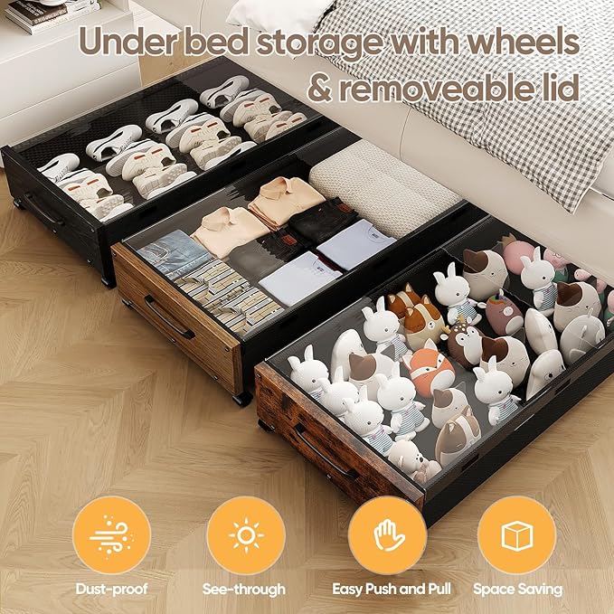 Under Bed Storage with Wheels, 2 Packs Wooden Storage Containers Extra Large Underbed Shoes Organizer, Rolling Under Bed Stor