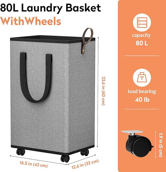SpaceTrove Laundry Basket with Wheels, Collapsible Laundry Baskets, Laundry Hamper with Handles Detachable Wheels, Rolling La