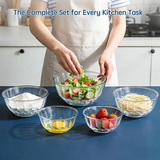 ENVTEK Thick Glass Mixing Bowls with Airtight Lids Set, 5-Piece Nesting Bowls for Baking & Meal Prep, BPA Free, Dishwasher Safe, 0.5/0.8/1.6/2.7/4.4 Quart - Blue