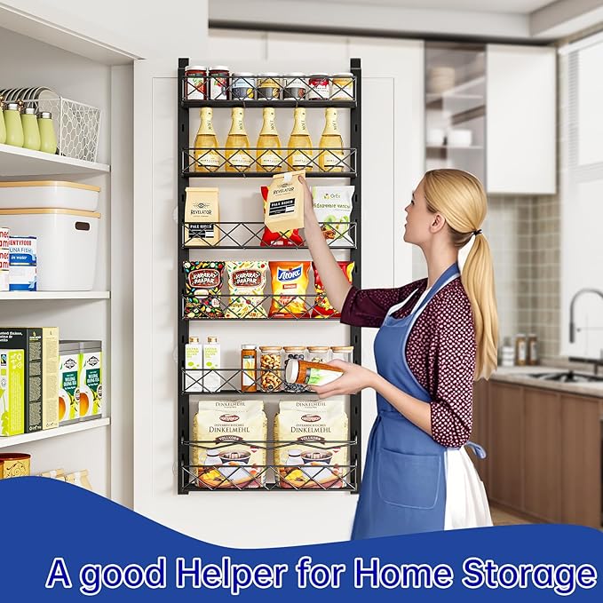 MIAOLI Over the Door Organizer, Black 6-Tier Pantry Door Organizer with Adjustable Basket, Hanging Spice Rack Cabinet Door Sh