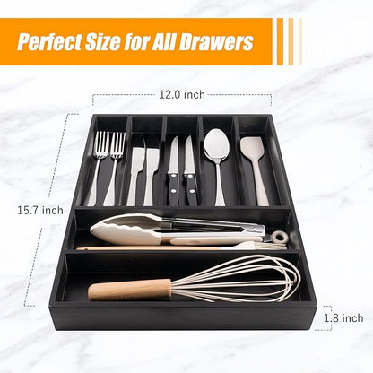 Bellsal Bamboo Silverware Drawer Organizer, Utensil Kitchen Drawer Organizer, Utensil Holder Cutlery Tray with Grooved Drawer
