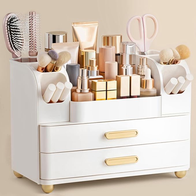HBlife Makeup Organizer for Vanity with Brush Holder, Large Bathroom Countertop Cosmetic Organizer Skin Care Storage, Easy to
