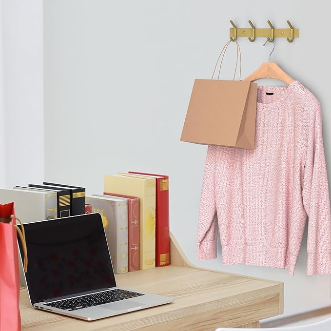 Brushed Gold Wall Mounted Coat Rack – 12 Inch Stainless Steel Rail with 4 Double Coat Hooks for Entryway, Bathroom, Bedroom, 