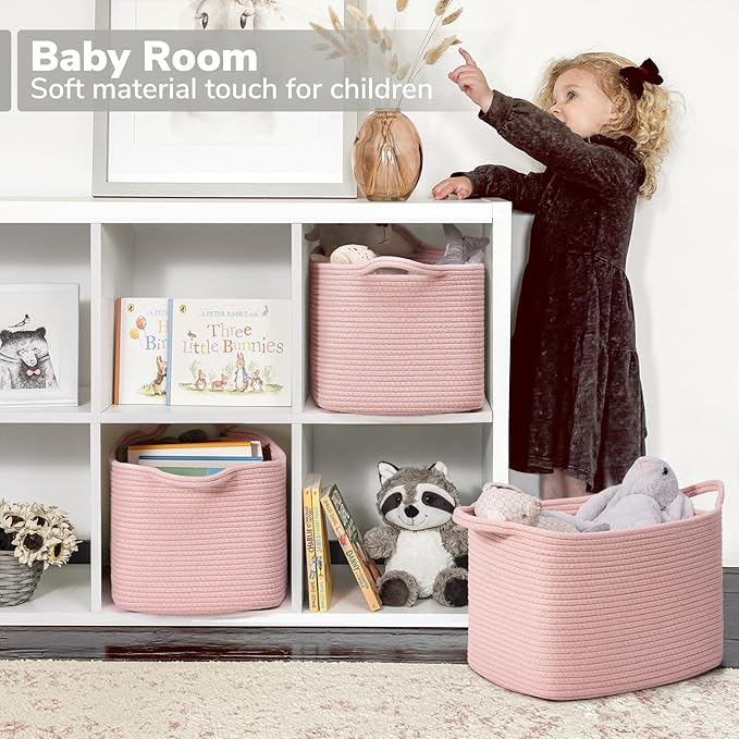 Goodpick Pink Storage Baskets for Organizing, Woven Rope Baskets for Shelves, Baby Basket for Nursery, Toy Storage Bins, Deco