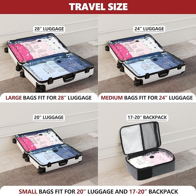Vacuum Bags for Travel with Rechargeable Pump, 10 Large Compression Packing Seal Bags for Luggage Suitcase, Space Saver for C