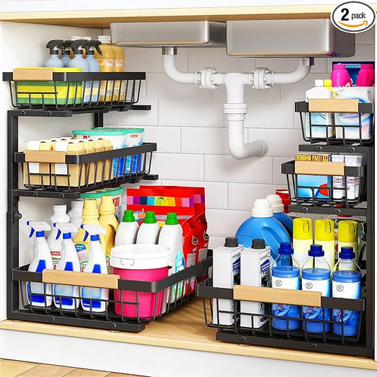 Under Sink Organizer, 2-Pack 3-Tier Height Adjustable Thickened Metal Pull out Cabinet Organizer Shelf, Slide out Storage Dra