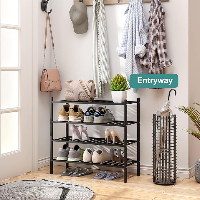 viewcare 4-Tier Black Bamboo Shoe Rack for Entryway, Stackable | Foldable | Natural, Shoe Organizer for Hallway Closet, Free 