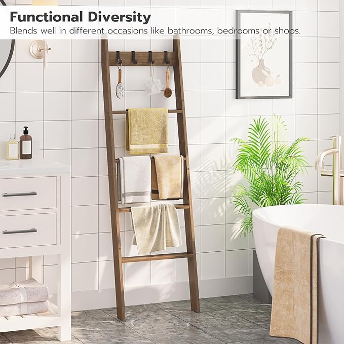 HOOBRO Blanket Ladder for Living Room and Bedroom, 5-Tier Wall Leaning Towel Rack for Bathroom, Decorative Ladder Shelf with 