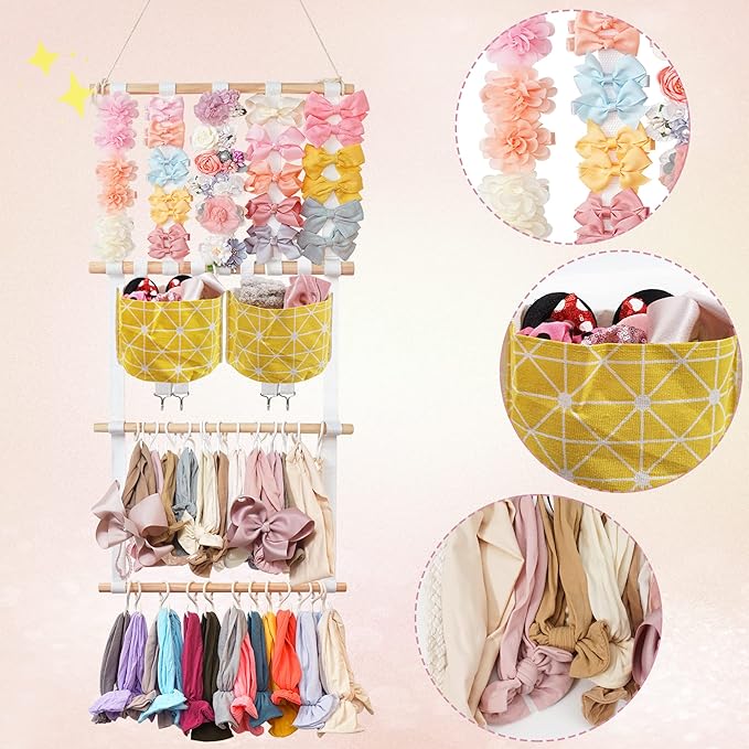 kangaroo Hairband Organizer for Baby Girls, Large Capacity Bow Holder Hair Accessories Wall Hanging Organizer with 20 S-hooks