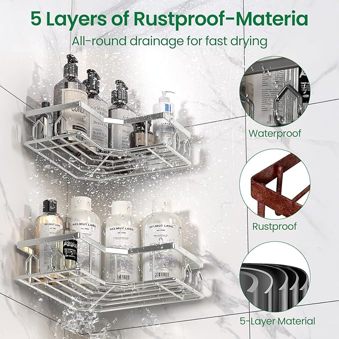 Adhesive Shower Caddy, 4 Pack Corner Bath Organizer, Rustproof Stainless Steel Shower Shelves with Large Capacity, No Drillin