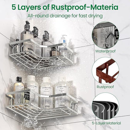 Adhesive Shower Caddy, 4 Pack Corner Bath Organizer, Rustproof Stainless Steel Shower Shelves with Large Capacity, No Drillin