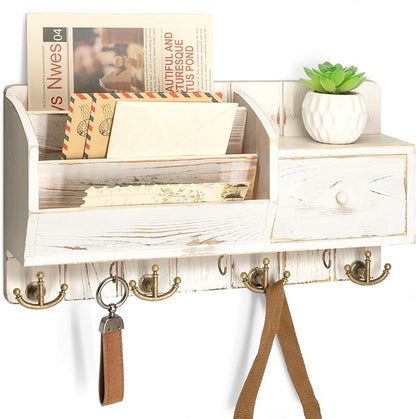 Rebee Vision Key Holder Wall Mount with Mail Sorter - Farmhouse Mail and Key Organizer for Wall with Small Drawer Organizer -