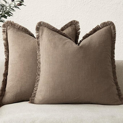 Foindtower Set of 2 Decorative Linen Fringe Throw Pillow Covers Cozy Boho Farmhouse Cushion Cover with Tassels Soft Accent Pi