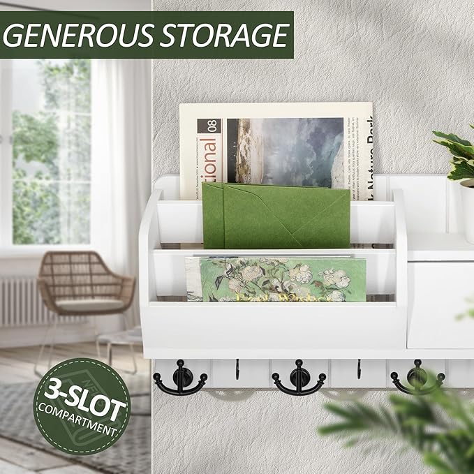 Rebee Vision Key Holder Wall Mount and Mail Organizer : Farmhouse Key and Mail Holder for Wall with Drawer and 7 Key Hooks - 