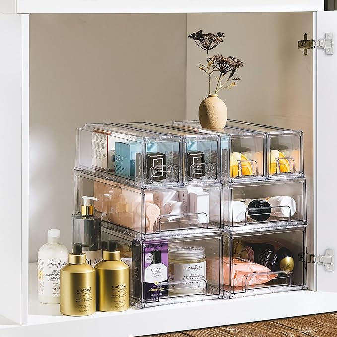 Sorbus Small Clear Stackable Storage Drawers – 4-Pack Plastic Organizer Bins with Handles – Stackable Pull-Out Storage Drawer