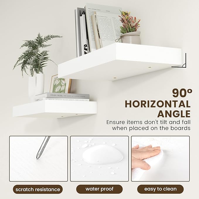12 Inch Deep Floating Shelves | 24 Inch White Floating Shelves | 24" W x 12" D White Wood Shelves for Wall | Deep Wood Shelve