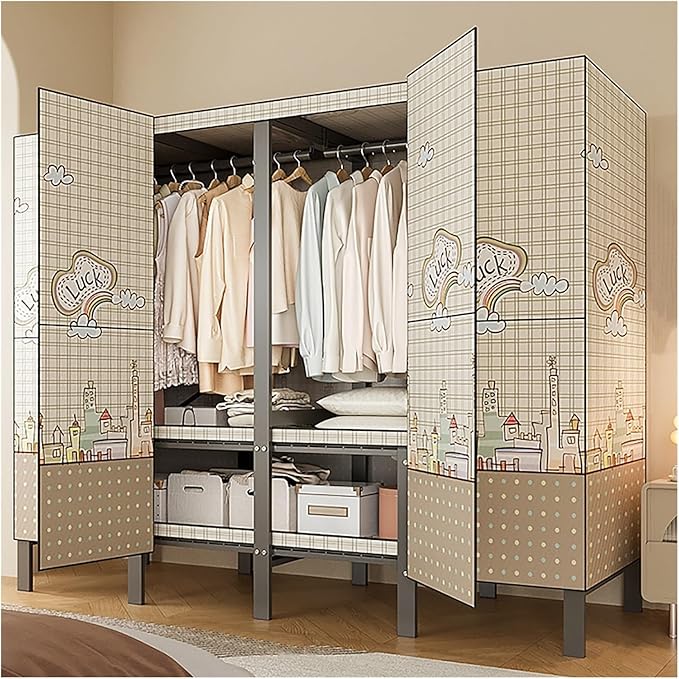 Portable Foldable Wardrobe Closet with Cover, Metal Garment Rack for Clothes Storage, Space-Saving Organizer for Bedroom, 151