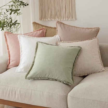 Foindtower Set of 2 Decorative Linen Fringe Throw Pillow Covers Boho Farmhouse Cushion Cover with Tassels Soft Accent Pillowc