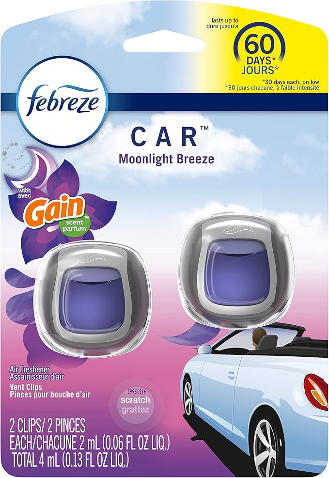 Febreze Car Odor-Eliminating Air Freshener Vent Clip with Gain Scent, Moonlight Breeze, 2 count